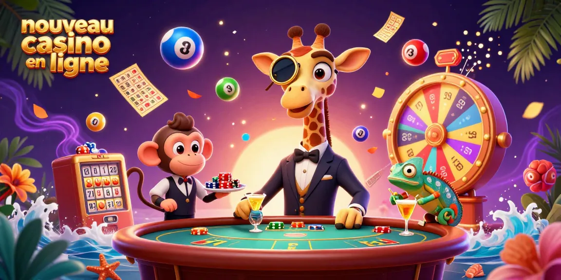 Découvrez le nouveau casino en ligne avec une girafe chic et un singe valet au milieu de balles de loterie.