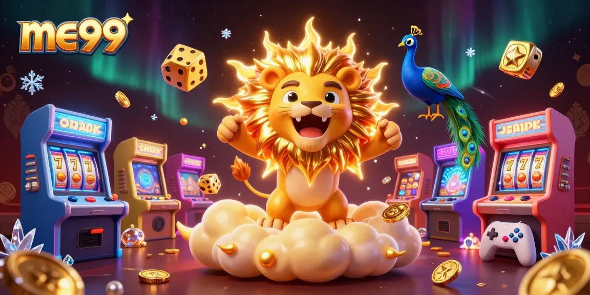 Spin the reels at me99 with a vibrant 3D casino scene featuring golden dice and colorful game elements.