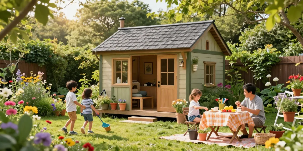 Schönes Gartenhaus inmitten blühender Pflanzen, Familie genießt den Tag im Freien.