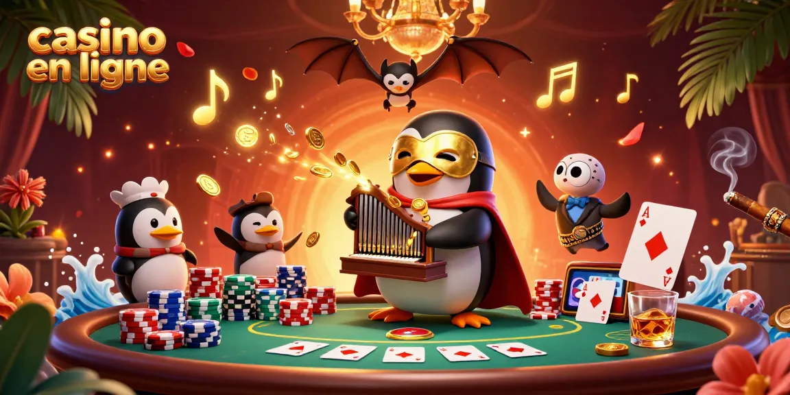 Illustration animée représentant un casino en ligne, avec un pingouin en costume jouant un orgue, et des pièces d'or volantes.