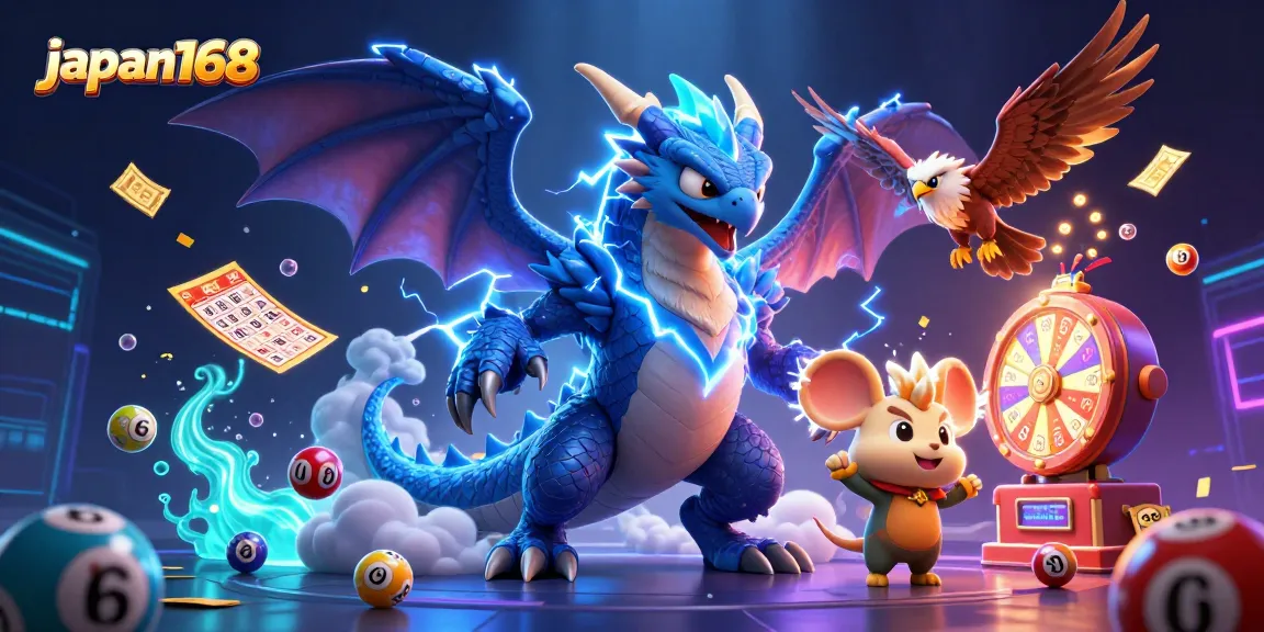 Engage with japan168's vibrant lottery scene featuring a thunder dragon, wind hawk, and colorful game elements.