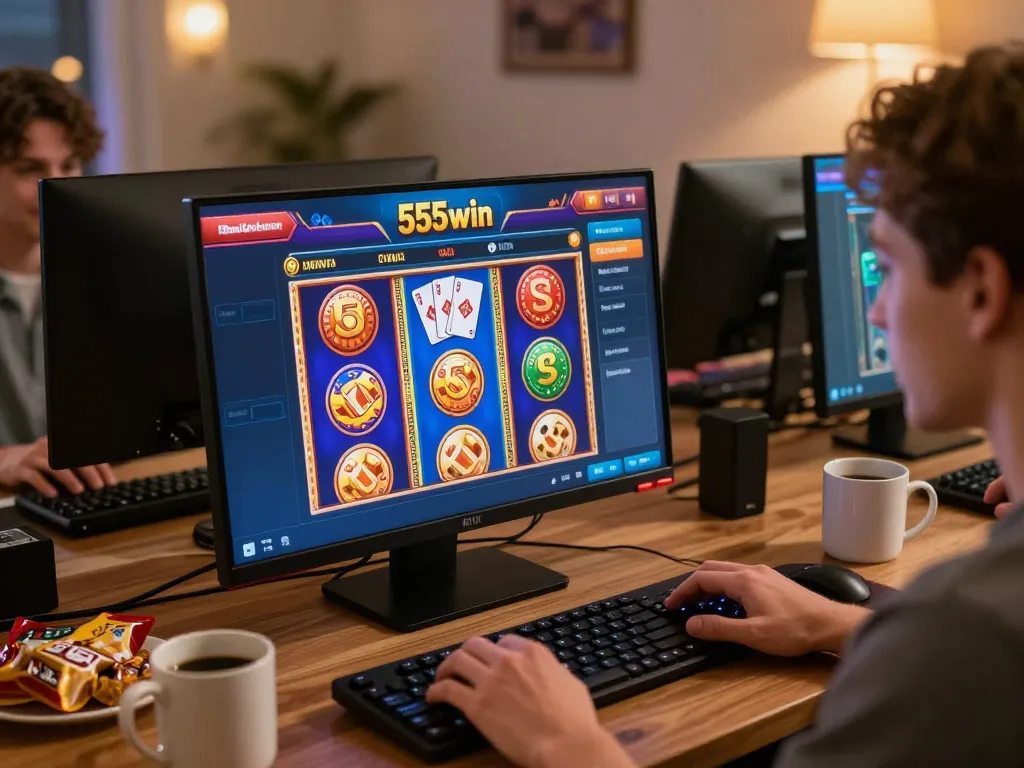 Player engaging with 555win online casino interface on tablet, showcasing vibrant games and cozy atmosphere
