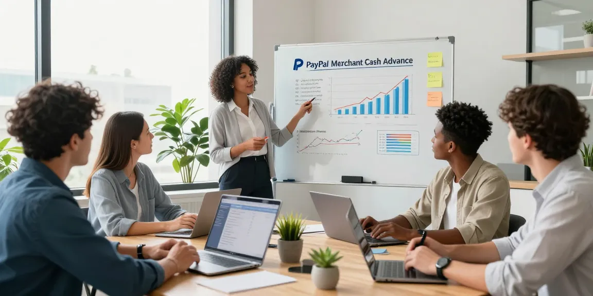 Team collaboration discussing PayPal merchant cash advance strategies in a modern office.