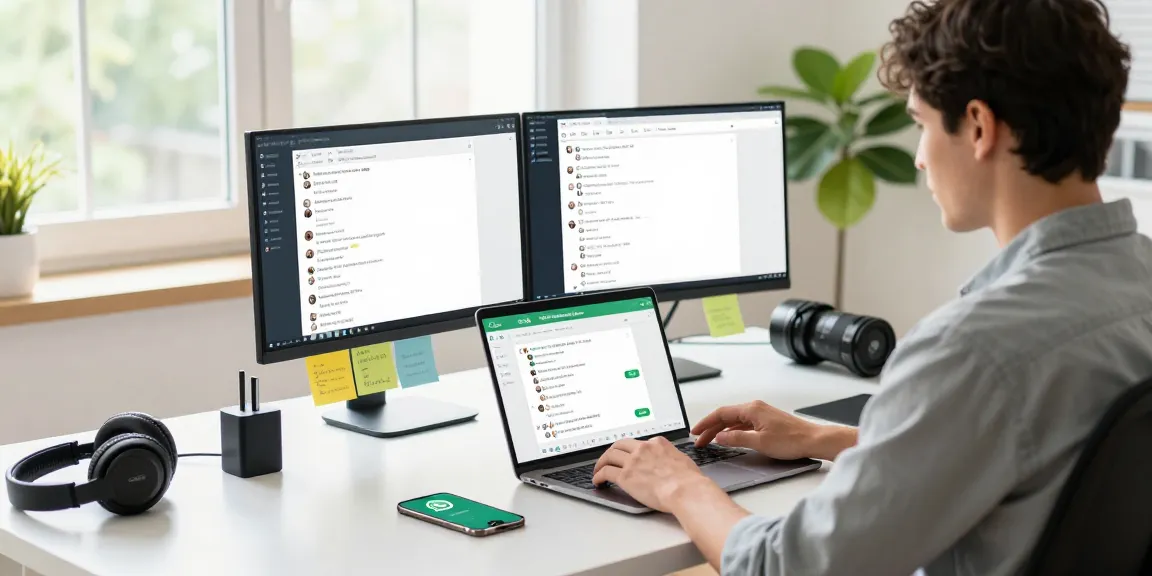 Efficient user engaging with WhatsApp網頁版 on laptop in a modern home office
