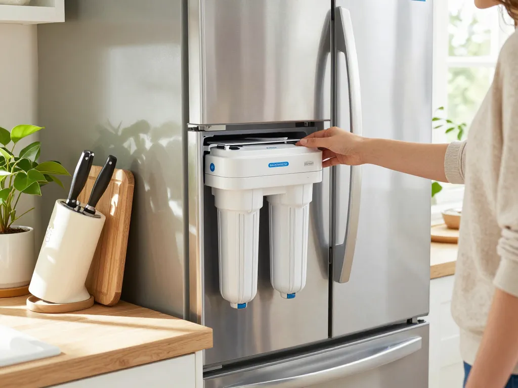 Person installing a Waterspecialist DA29-00003G Refrigerator Water Filter in a bright kitchen.