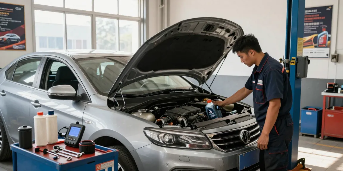 Affordable oil change near me cheap in a professional auto service garage with a skilled mechanic at work.