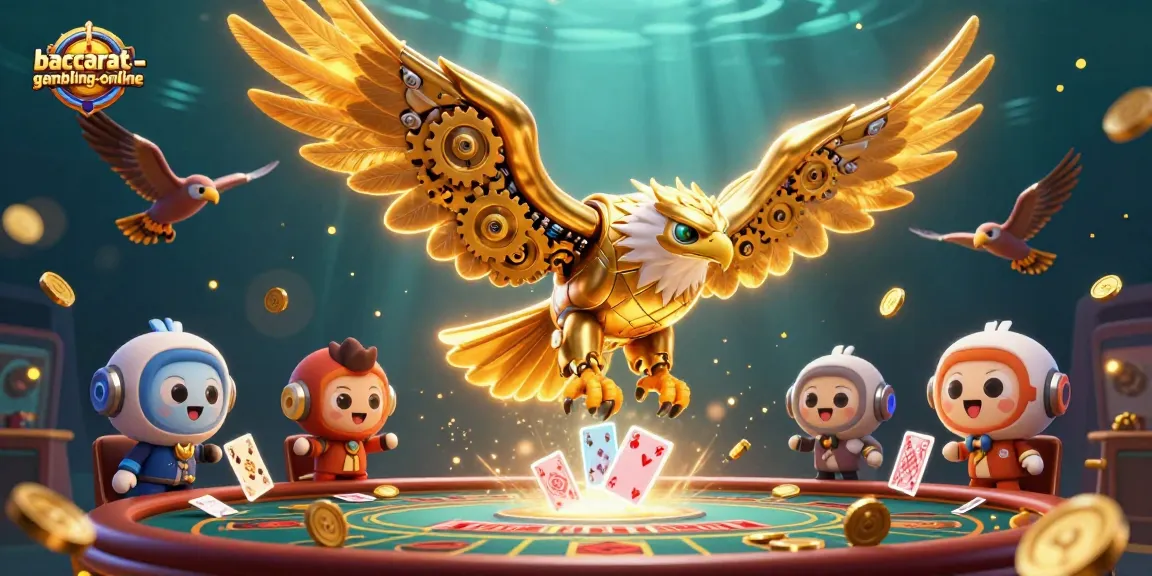 Engage with baccarat-gambling-online as a golden eagle soars over cascading casino cards.