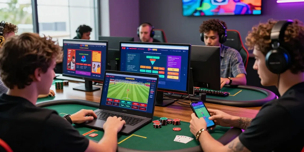 Pengguna lapak303 menikmati permainan poker online dengan antusias, dikelilingi oleh tampilan taruhan olahraga yang menarik.