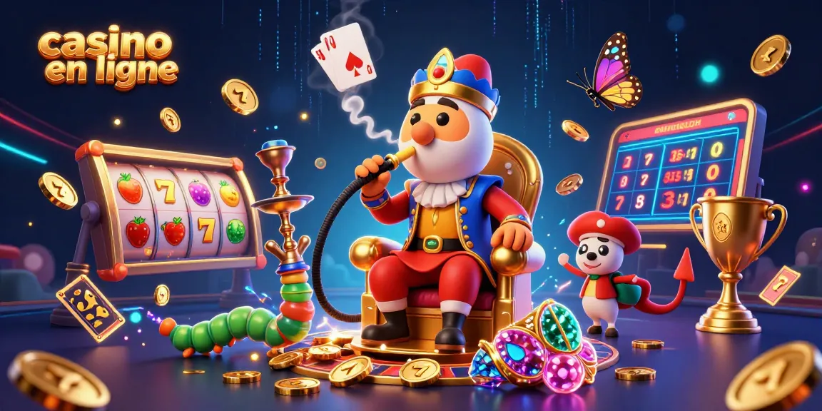 Gagnez au casino en ligne avec une illustration captivante d'un jeu de machines à sous et un maître du narguilé.