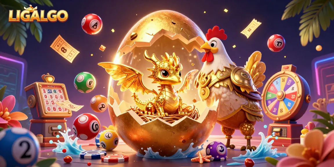 LIGALGO showcases a golden dragon on poker chips amid a dynamic casino scene with colorful lottery balls.