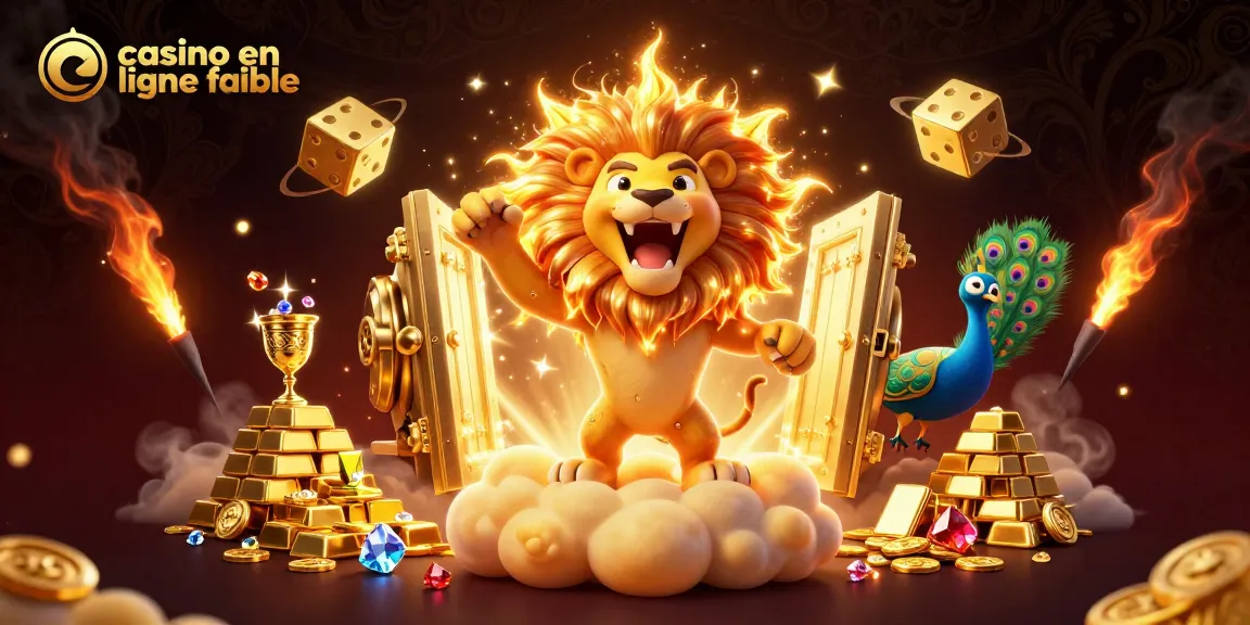 Visiter un casino en ligne fiable avec une ambiance riche, illustré par un lion de soleil et des trésors d'or