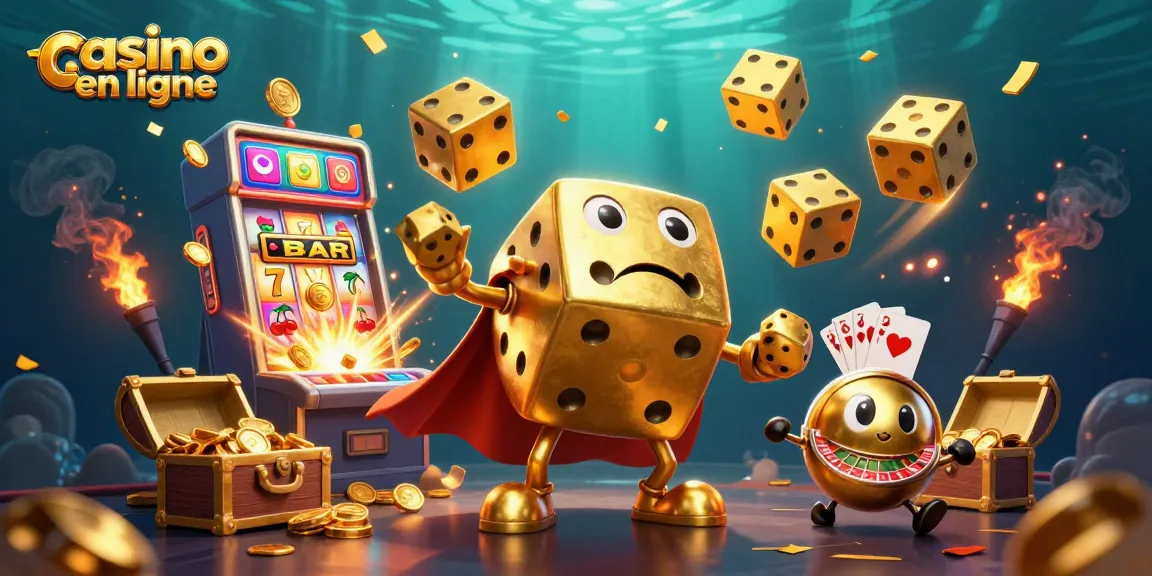 Jouer au casino en ligne avec un golem de dés dorés jonglant avec des dés et des machines à sous.