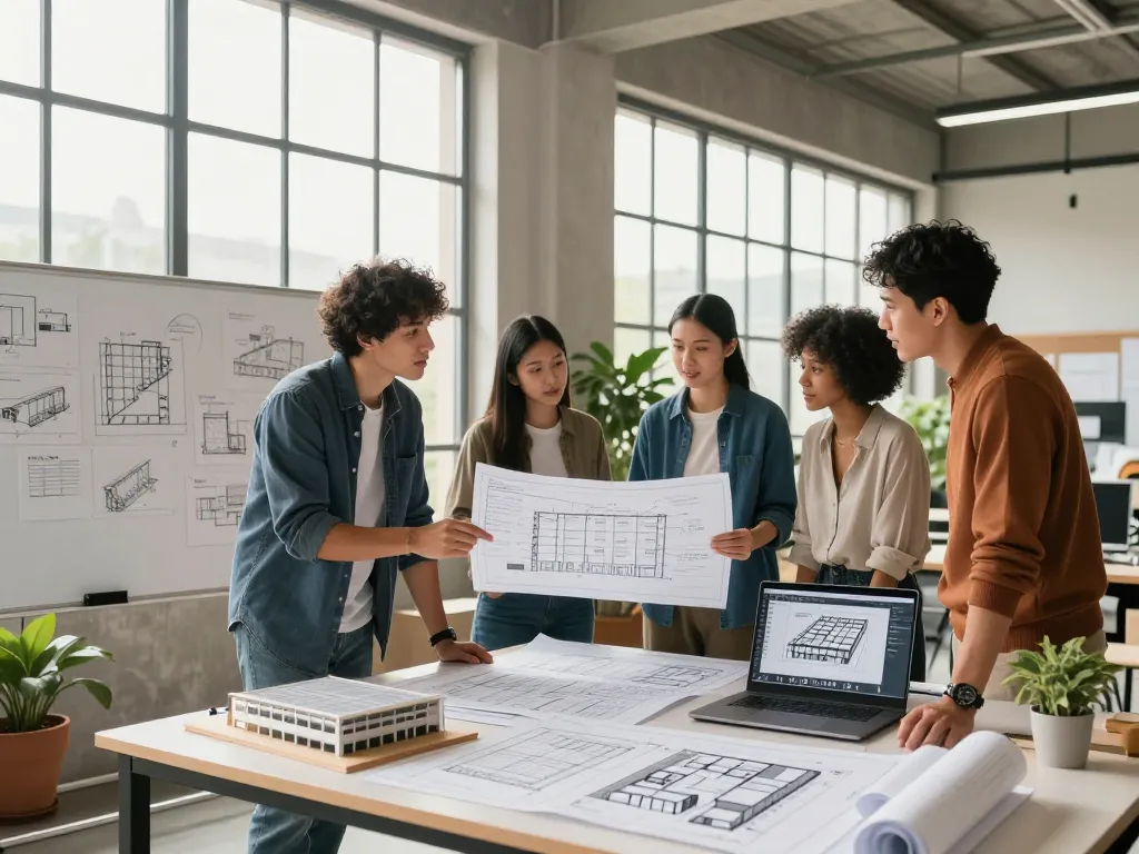 Innovative design team discussing modern warehouse layout while reviewing blueprints, showcasing architecture for ออกแบบ คลังสินค้า.