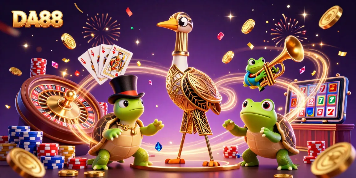 Spin the reels and enjoy a vibrant casino scene with DA88 at the forefront, featuring lively characters and glowing elements.