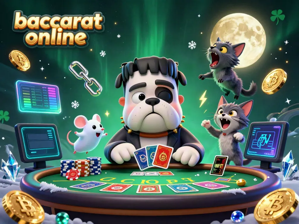 Play baccarat online in a spooky setting with a Frankenstein bulldog dealer and ghostly elements.