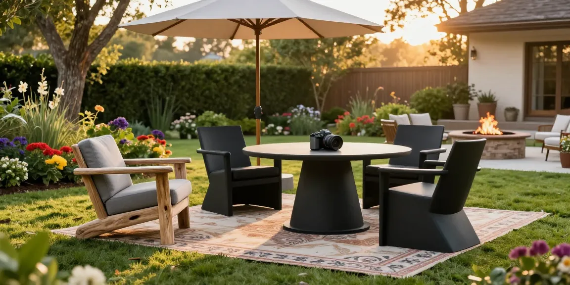 Luxury patio furniture scene with a stylish Camden Club Chair and Lotus Dining Set on a beautiful lawn.