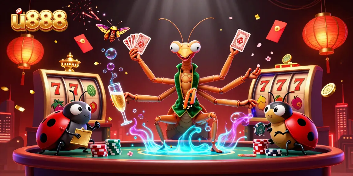 u888 showcases a dynamic casino scene featuring a giant mantis card sharp, a ladybug pit boss, and vibrant gaming elements.