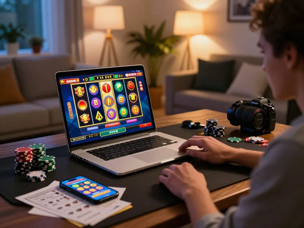 Player engaging in thrilling online toto slot gameplay at home, showcasing immersive excitement and colorful visuals.