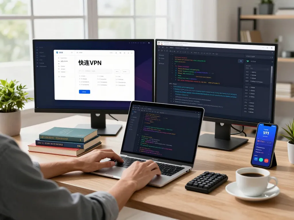 开发者在现代工作空间中使用快连 VPN，显示多个屏幕上的网络性能。