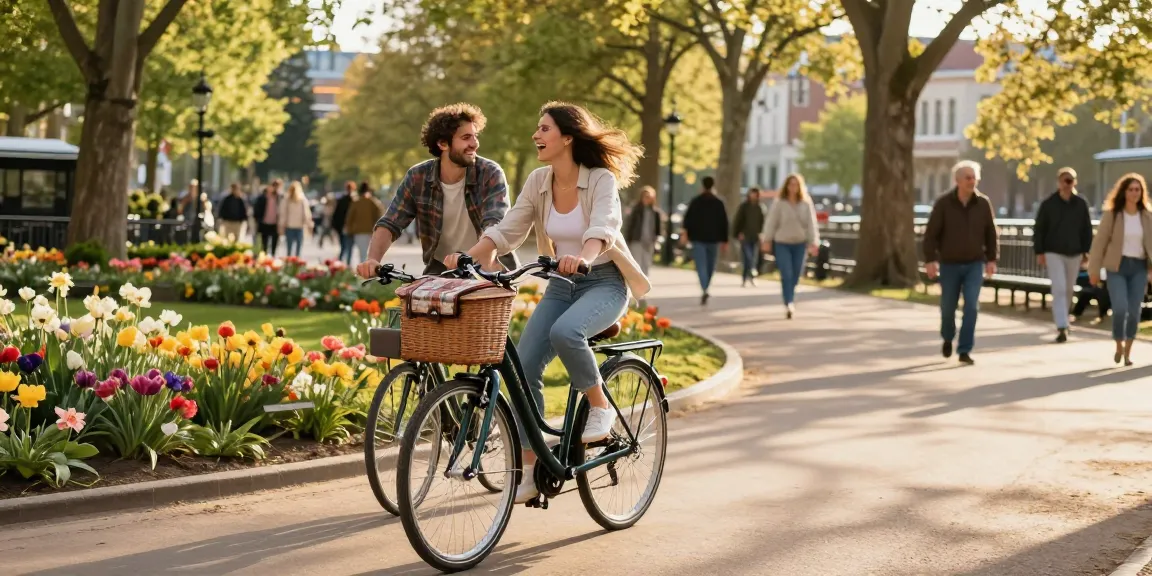 Doppio Fiets e-bike offers a joyful couple a scenic ride through a beautiful city park.