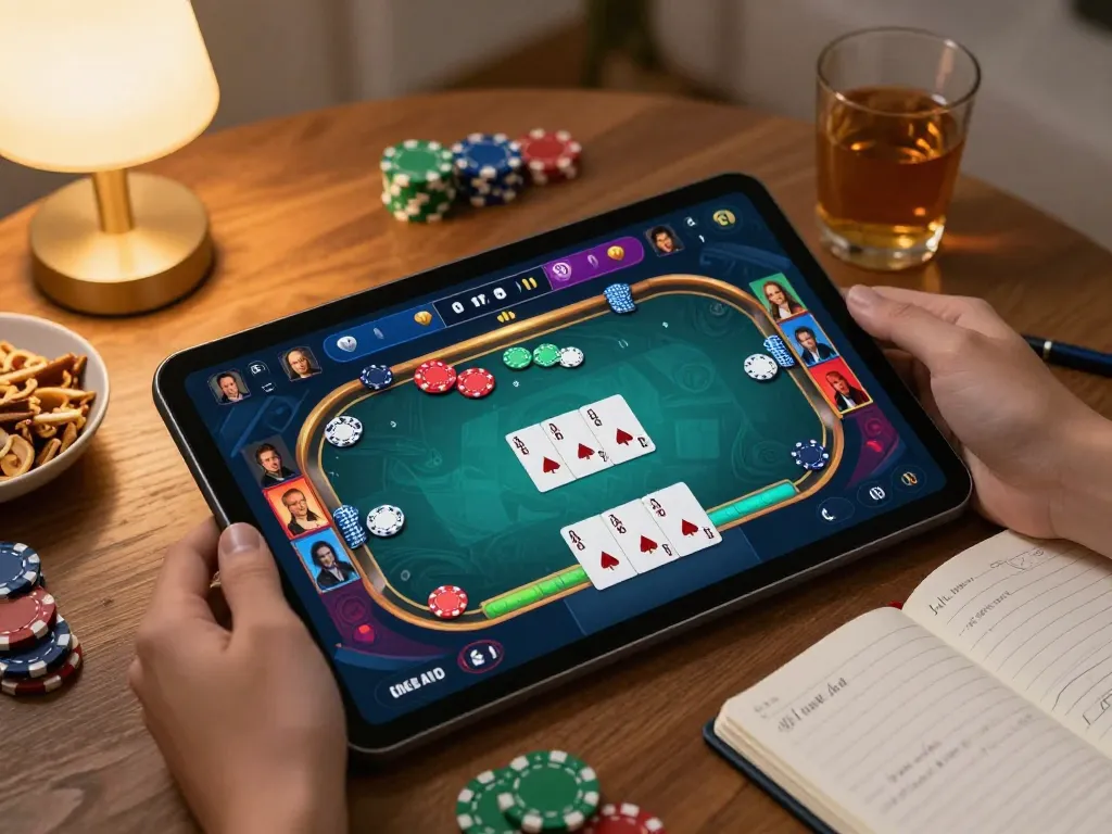 O8 players strategizing during an online poker game from a cozy home environment
