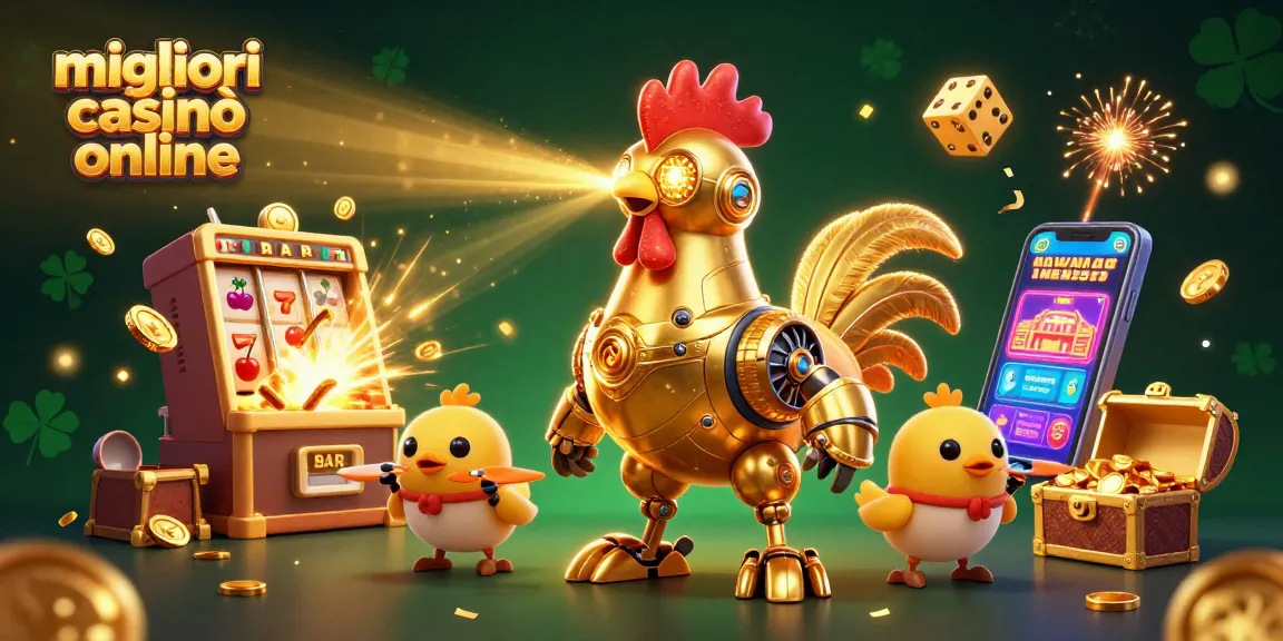 I migliori casinò online presentano una vivace scena di gioco con un robot gallo e simboli di fortuna.