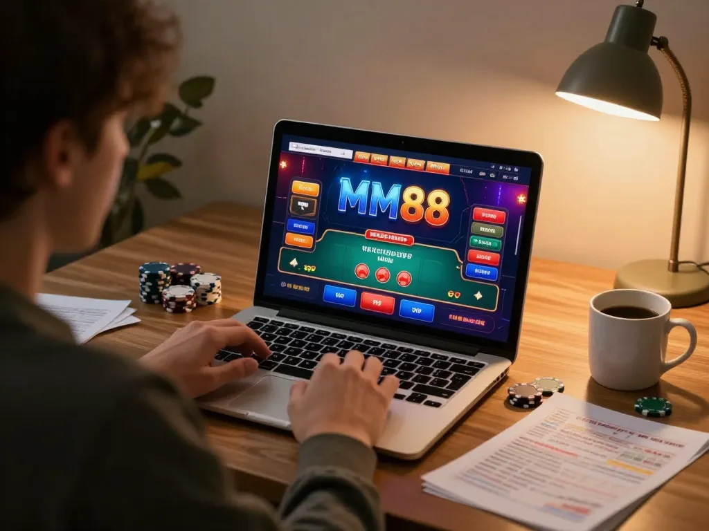 Person enjoying online casino games at home with MM88 interface, showcasing responsible gaming