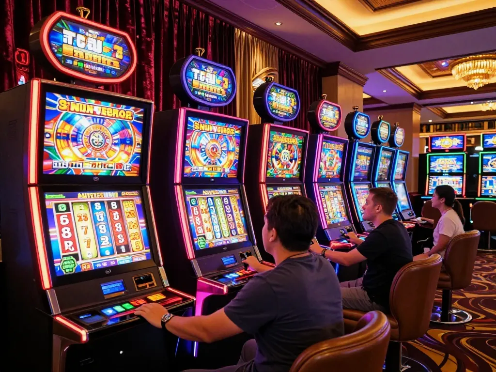 Players enjoy thrilling spins on slot machines at 68gamebaivn, celebrating big wins in a luxury casino.