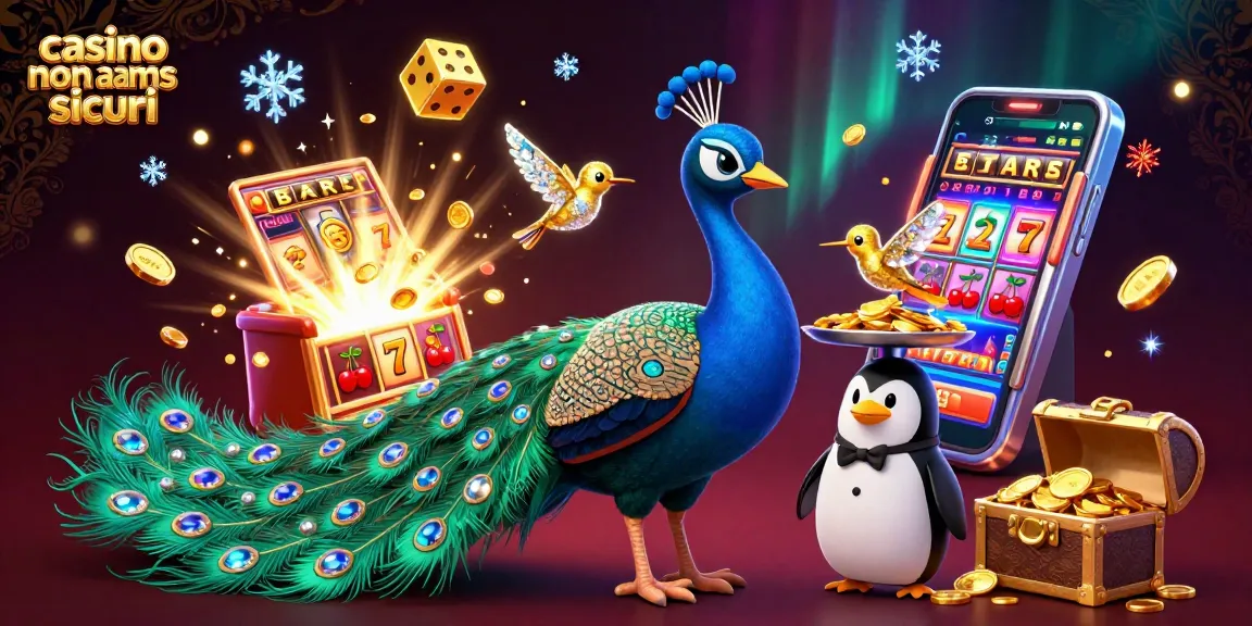 Gioca a giochi emozionanti nei casino non AAMS sicuri, con fiches d'oro, slot machine e simboli vivaci del casinò.