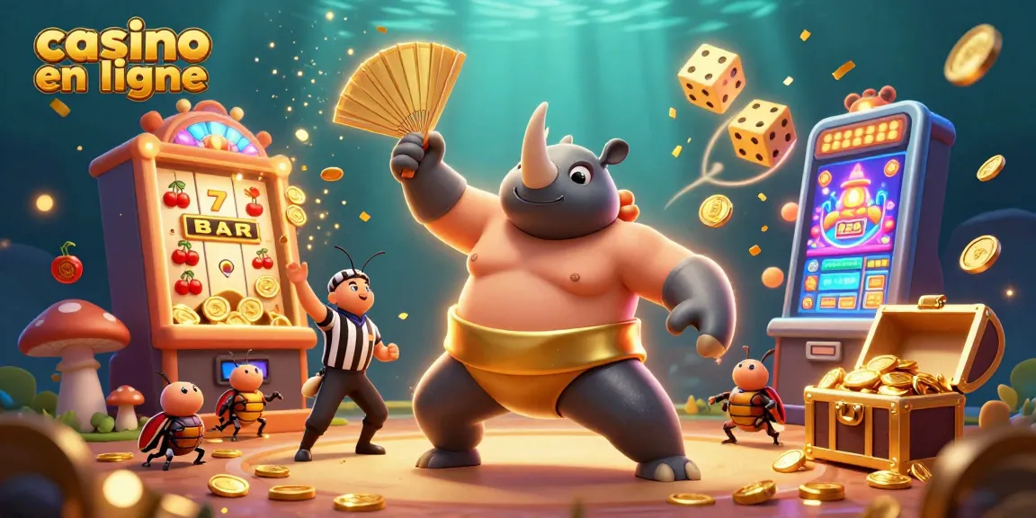 Casino en ligne animé avec un scarabée sumo envoyant des pièces d'or dans un décor vibrant.