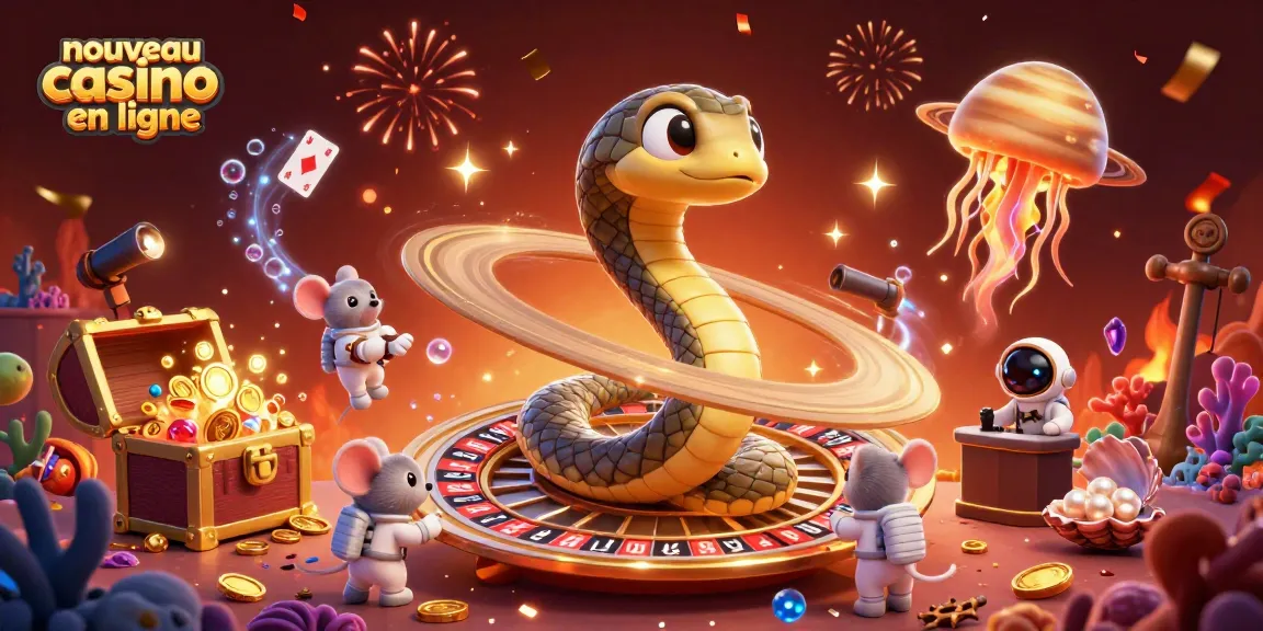 Découvrez les nouveaux casinos en ligne dans une scène dynamique de jeu, avec des personnages animés et des éléments ludiques.