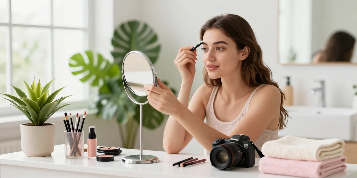 Pencil eyebrows application in bright bathroom with makeup products.