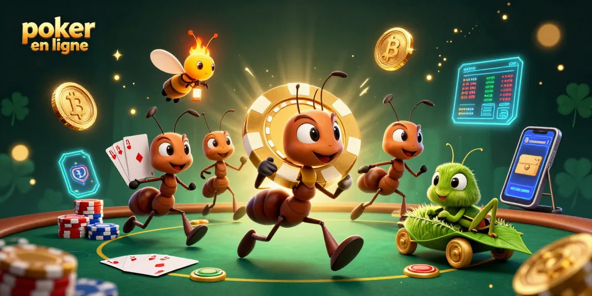 Jouez au poker en ligne avec une équipe d'ants qui transportent un jeton doré géant dans une scène vibrante et dynamique.