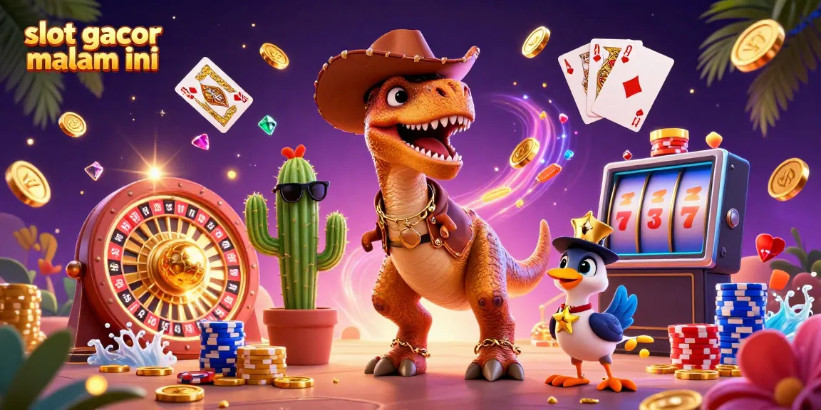 Visualisasi menarik slot gacor malam ini dengan karakter T-Rex dan elemen permainan kasino.