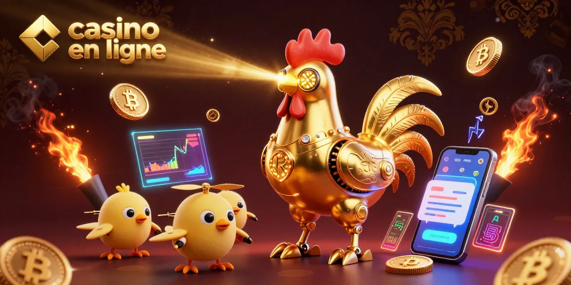 Bettez sur casino en ligne avec un robot coq en or et des drones poussins dans un jeu futuristique.