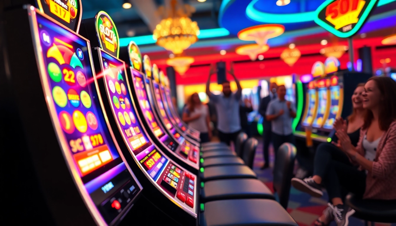Slot77 machine captivating players in an energetic casino environment filled with colors.