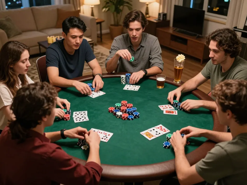 Teman-teman menikmati malam permainan poker dengan chip dan kartu yang sedang dimainkan, menyoroti keseruan jalatogel.