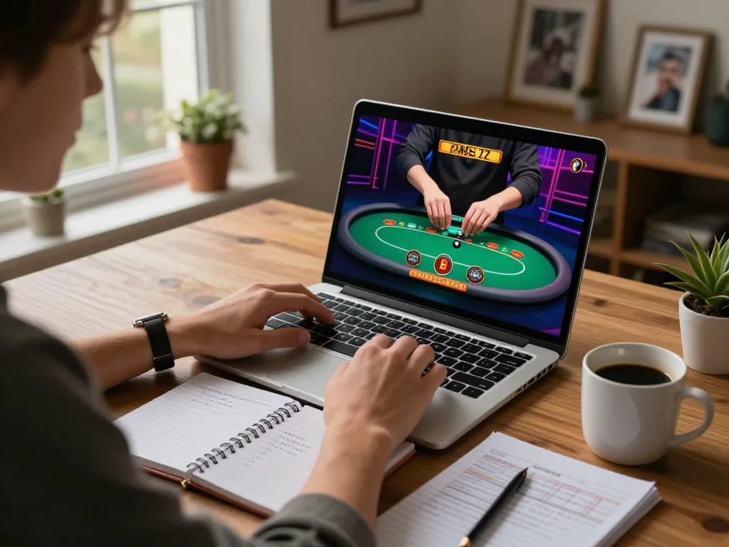 Player mastering poker strategies on digital platform 789 with cozy home environment for responsible gaming.