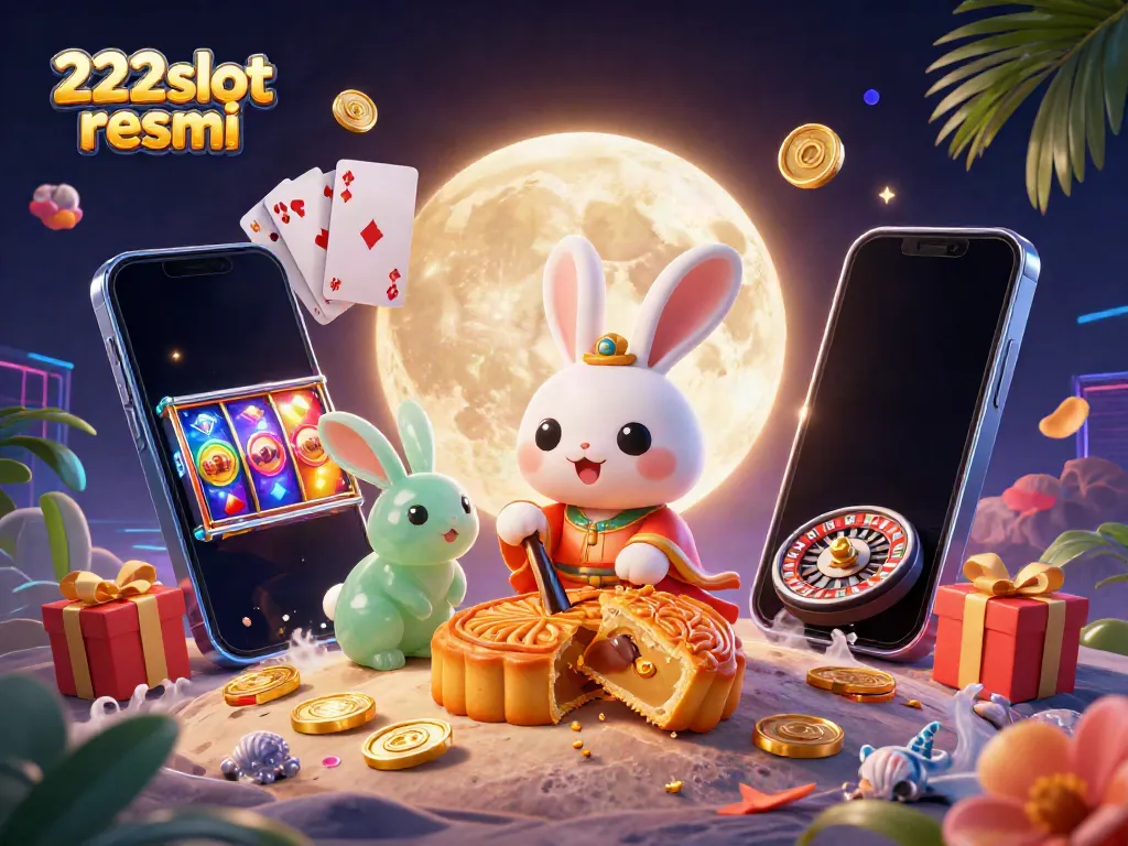 Ilustrasi 3D penuh detail menunjukkan karakter kelinci bulan tradisional dengan chip poker dalam konteks 222slot resmi.