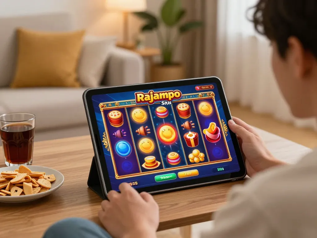 Engaging gameplay on Rajampo situs slot game from a cozy living room.