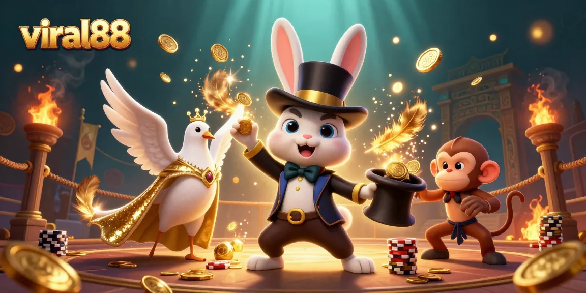 Experience the thrill of gaming with viral88, featuring a magician rabbit, dove, and monkey in a vibrant casino scene.