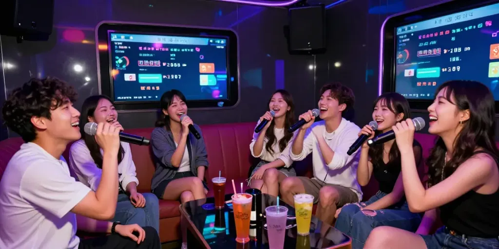 강남도파민에서 즐겁게 노래하는 친구들로 가득 찬 화려한 가라오케 방 모습