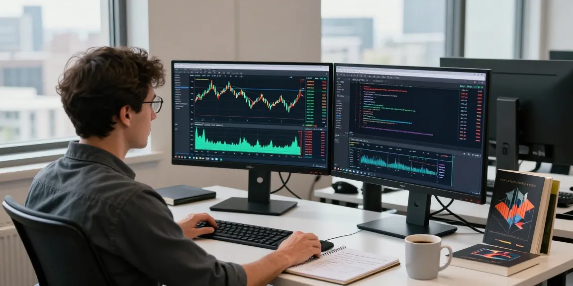Professional trader using MetaTrader 5 with dual monitors in a bright workspace.