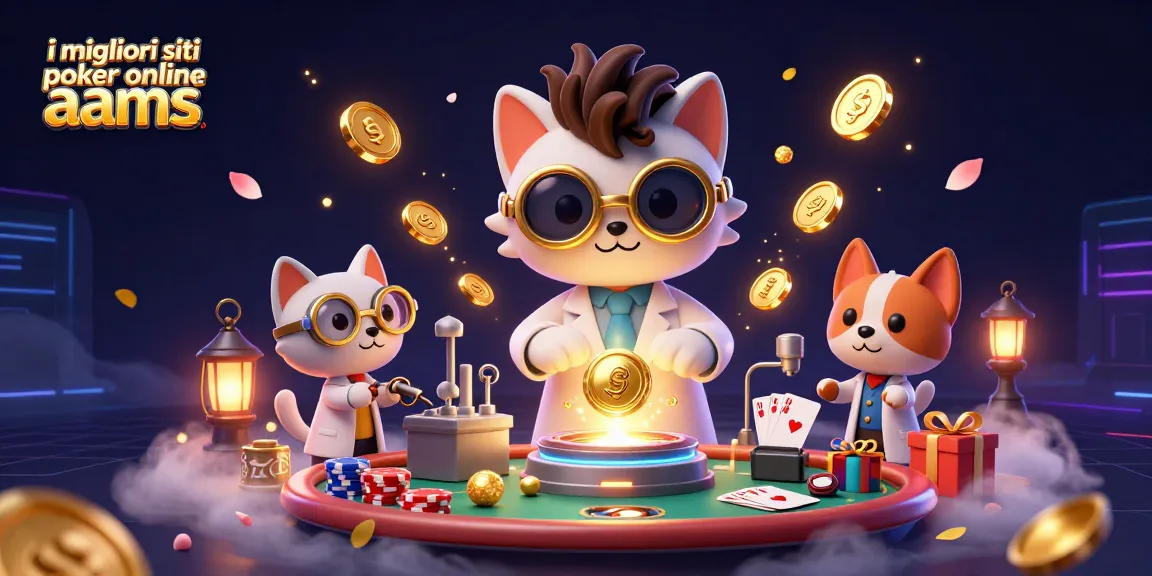 I migliori siti poker online AAMS con un gatto scienziato e un cane assistente circondati da fiches e carte da poker volanti.