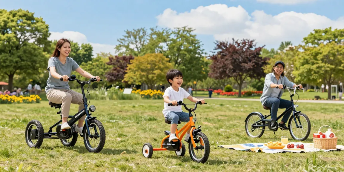 Family riding tricycles in the park, showcasing adult and kids' tricycles, emphasizing family fun and outdoor activities.