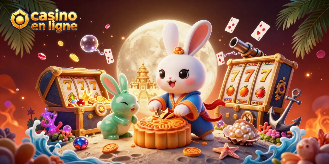 Illustration captivante de casino en ligne avec un lapin lunaire et des éléments de jeu sur fond de lune.