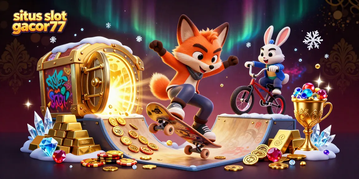Winning at situs slot gacor77 with a skateboarder fox and BMX rabbit, surrounded by treasures.