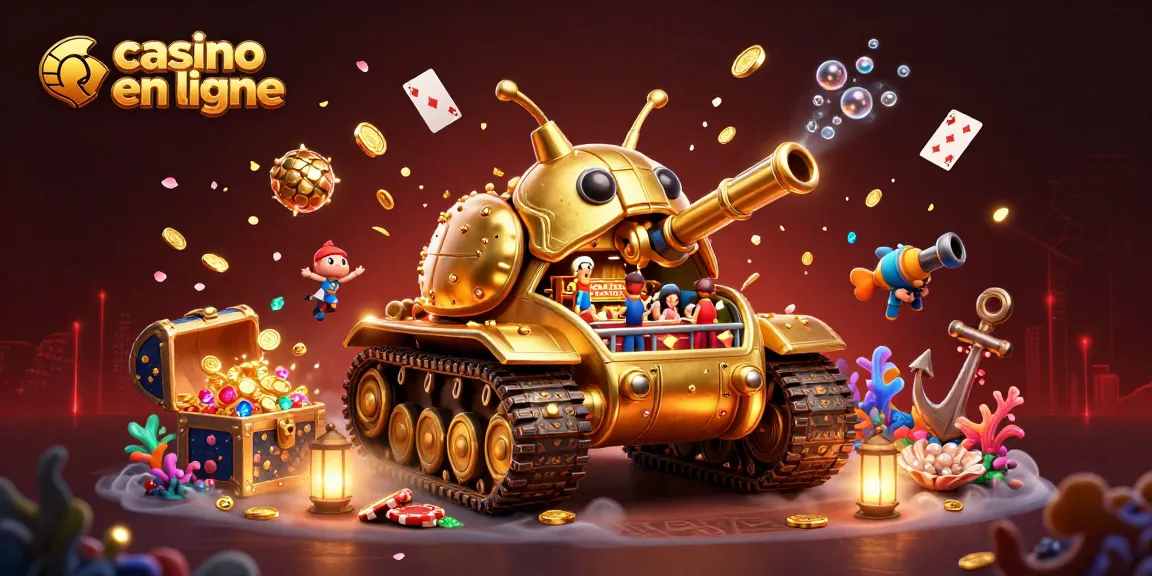 Illustration dynamique de casino en ligne avec tank doré et éléments de jeu vibrant.