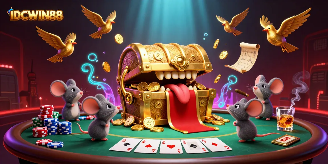 Engage with IDCWIN88's thrilling gameplay featuring a treasure chest, poker elements, and vibrant 3D visuals.