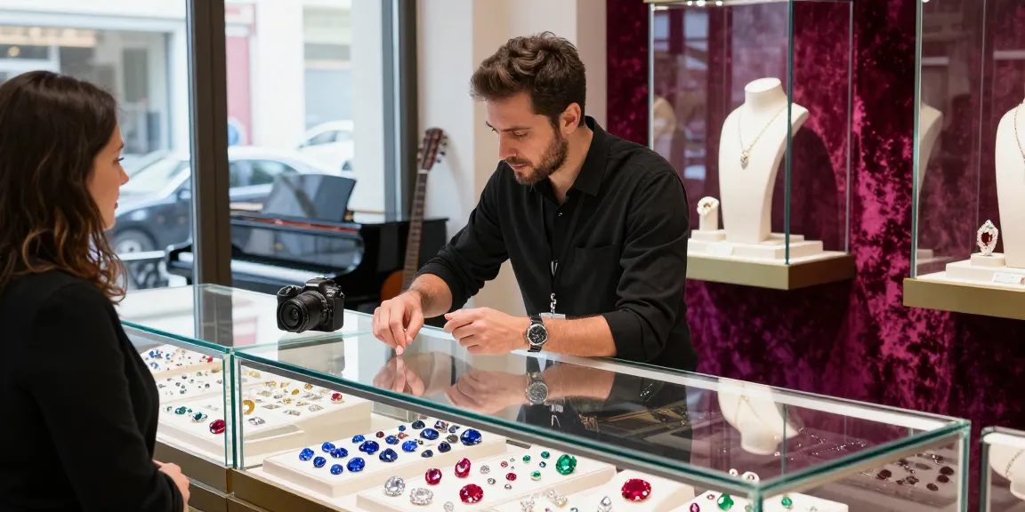 Discover quality gemstones at https://www.mygemspot.com in a luxurious jewelry store, featuring a diverse selection and engaging salespeople.
